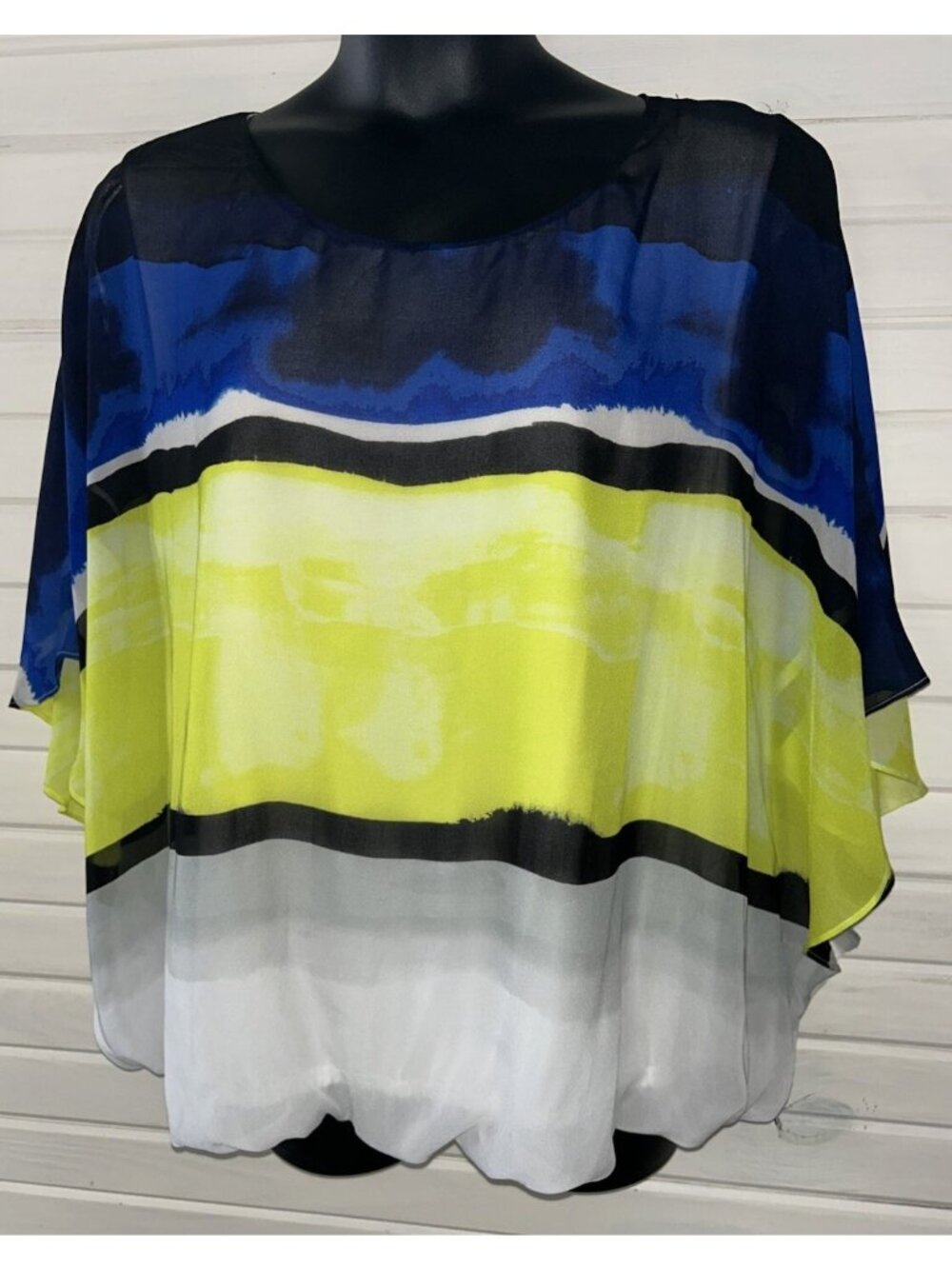 Alfani Sz PLUS 3X Blue Yellow White Sheer Chiffon Blouse w/ Knit Tank Liner EUC